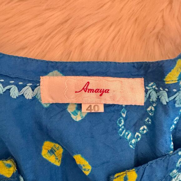 Amaya Blue Embroidered Silk Floral V-Neck Tunic Top 40/Medium - Picture 4 of 9